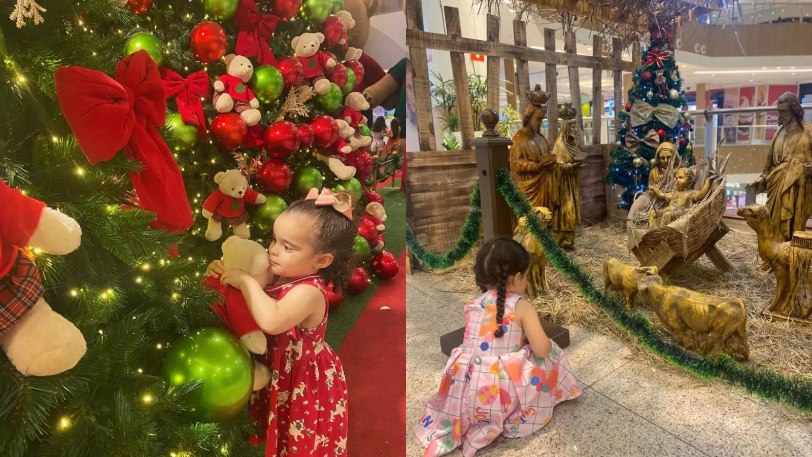 Cenas de Natal com crianças: uma garota perto de uma árvore de Natal iluminada e outra admirando um presépio detalhado.