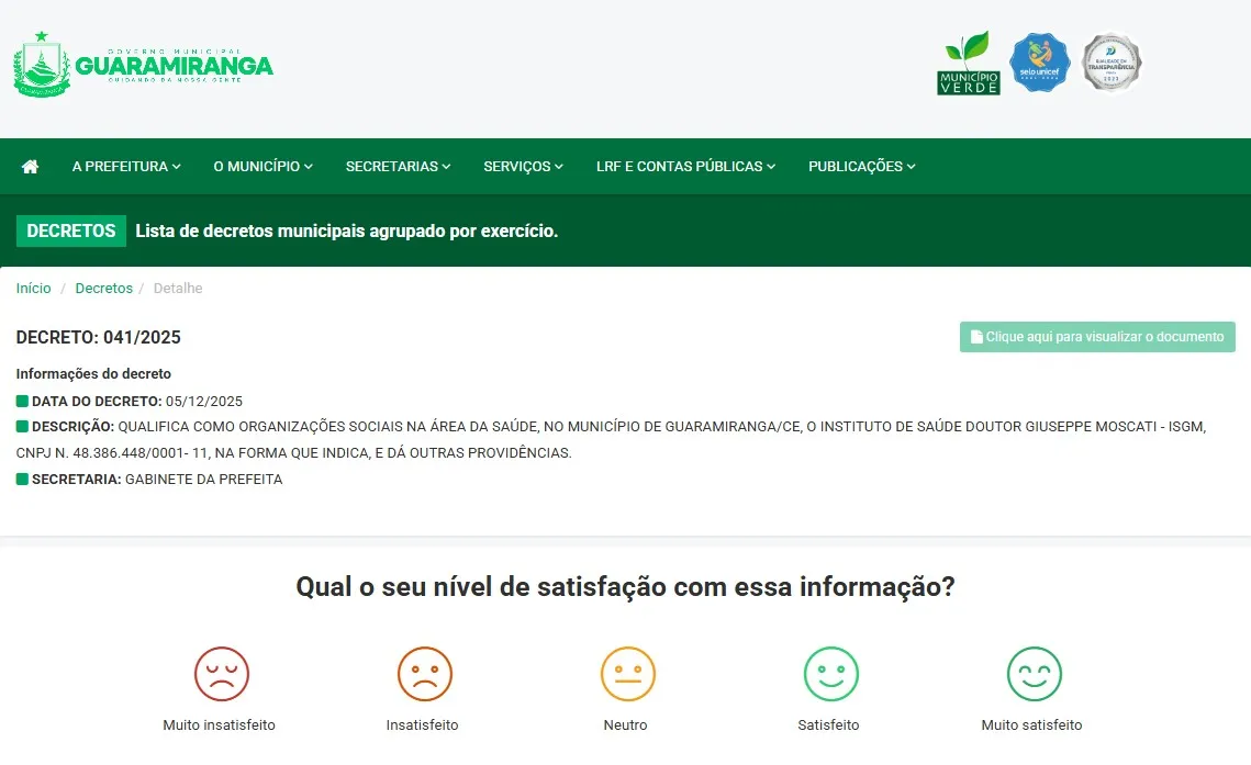 Título do decreto no site municipal, relacionado à saúde, não condiz com o teor sobre reordenamento de praça.