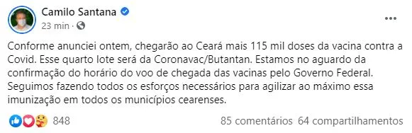 Camilo realizou a confirmação via postagem no Facebook.