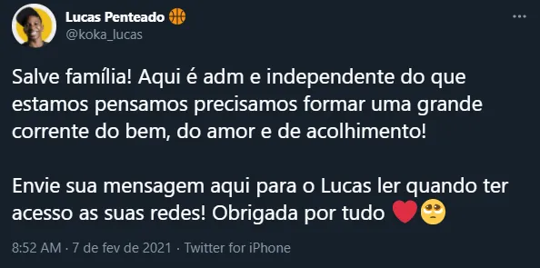 No Twitter, a família de Lucas falou sobre a eliminação e pediu apoio dos espectadores ao ator