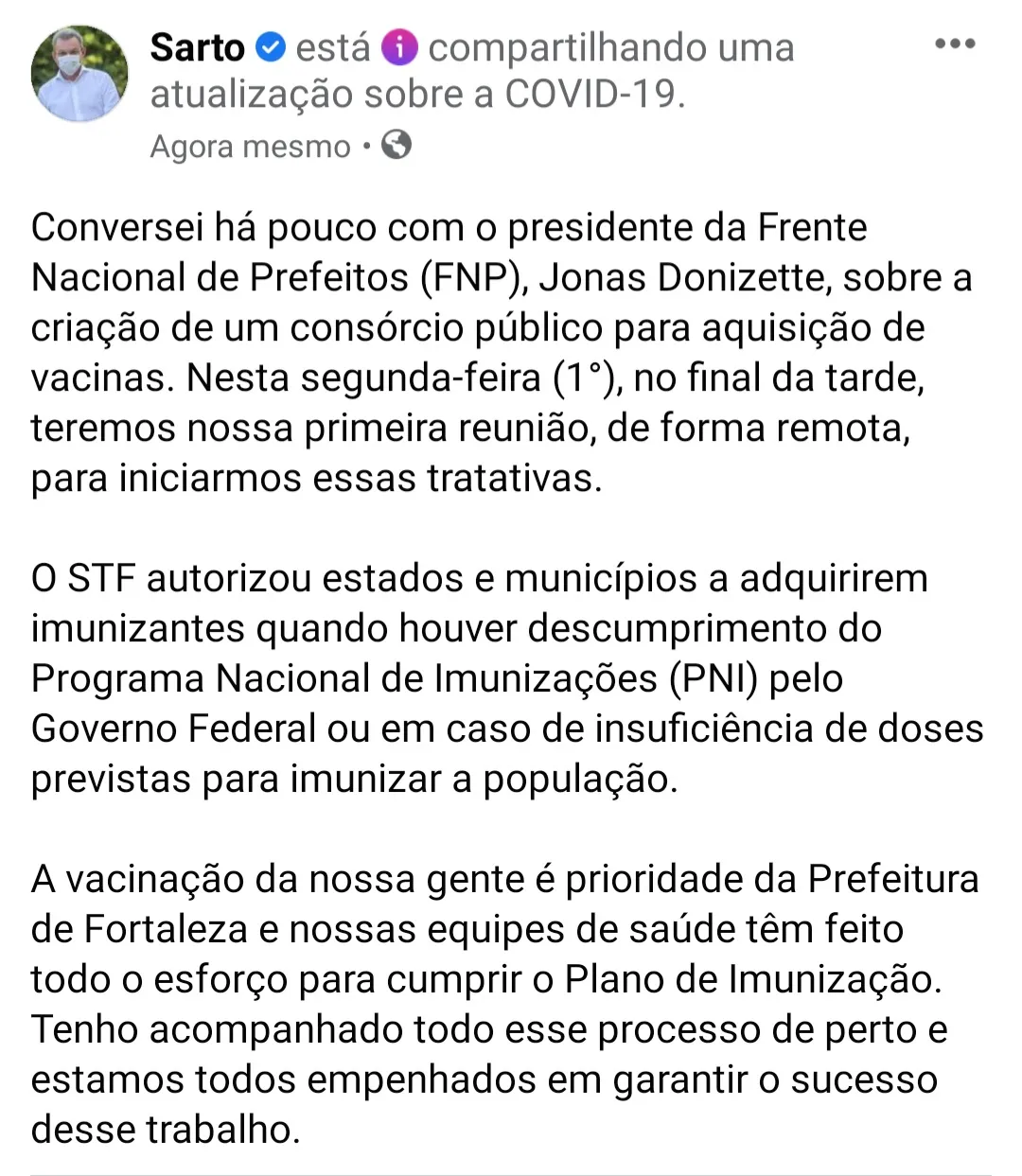 Prefeito de Fortaleza anunciou a reunião para debater consórcio em post nas redes sociais