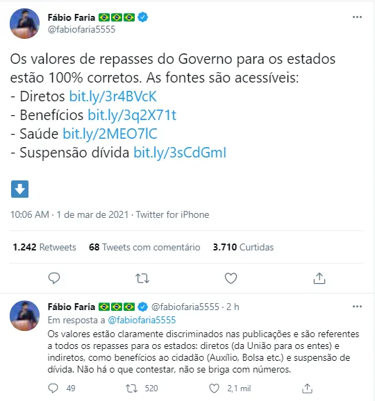 Fábio Faria, Ministro das Comunicações, sai em defesa de Jair Bolsonaro