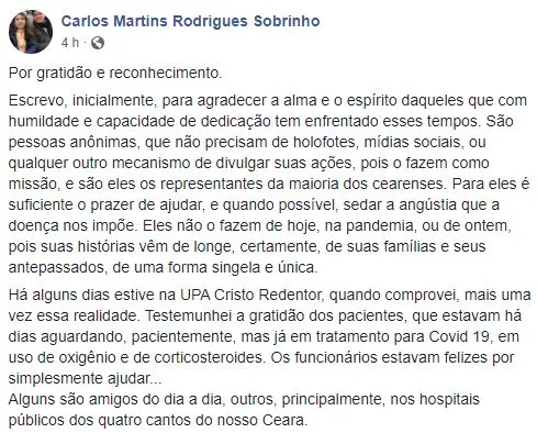 Dr. Cabeto utilizou página pessoal no Facebook para fazer o agradecimento