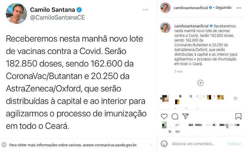 Novo lote terá unidades da vacina AstraZeneca e da CoronaVac