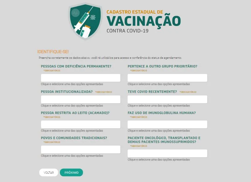 A segunda página do cadastro faz uma espécie de triagem sobre a inclusão ou não do usuário em grupos prioritários.