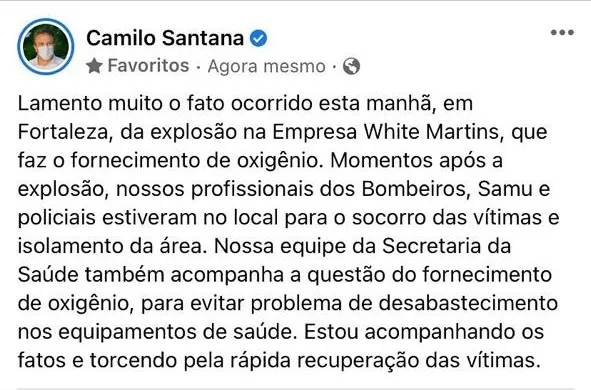 O governador Camilo Santana lamentou o ocorrido nas redes sociais