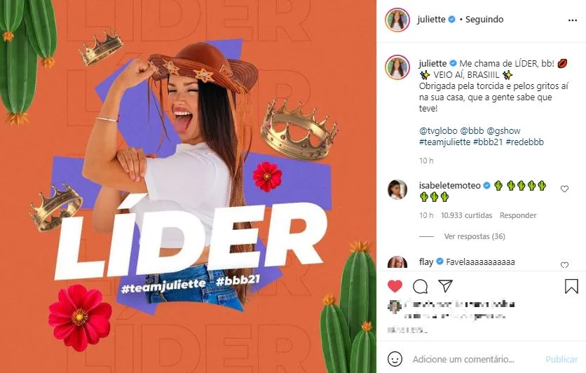 Publicação da liderança de Juliette atingiu mais de 4 milhões de curtidas