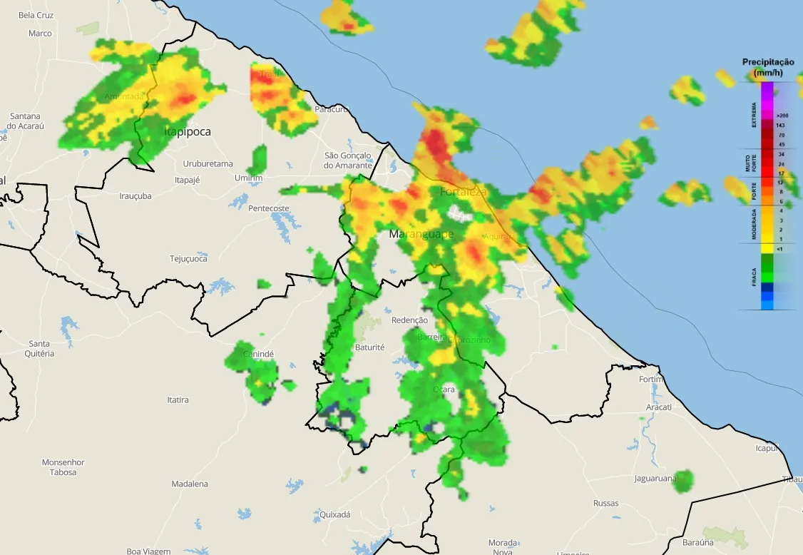 Satélite da Funceme mostra vários pontos de chuvas na cidade