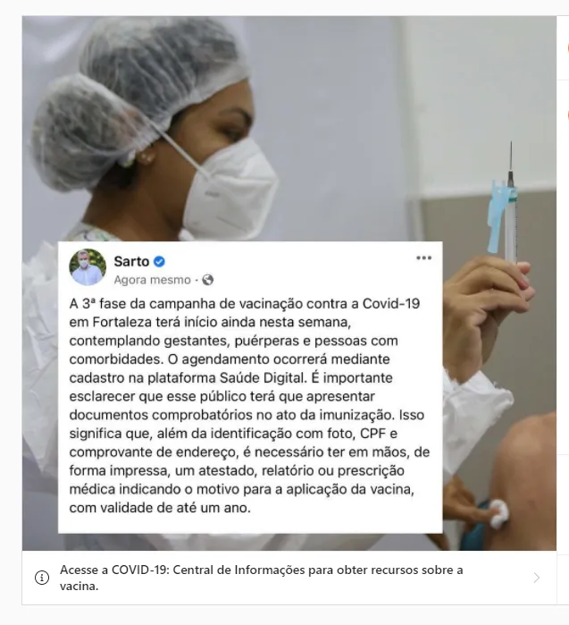 Prefeito de Fortaleza, José Sarto (PDT), usou as redes sociais para passar mais orientações sobre a terceira fase da vacinação