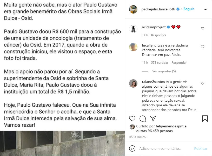 Padre Júlio Lancelotti lamenta morte de Paulo Gustavo