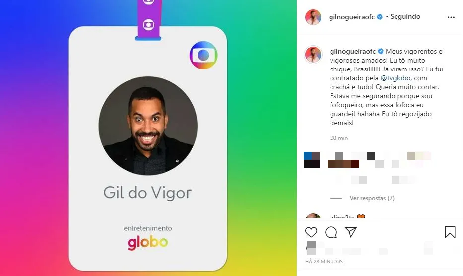Gil comemorou com os seguidores ter sido contratado pela TV Globo