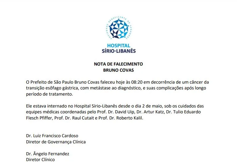 Nota de falecimento foi divulgada pelo hospital