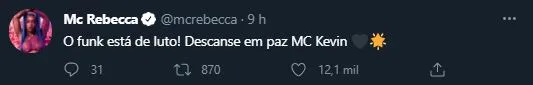 MC Rebecca usou o Twitter para lamentar o ocorrido