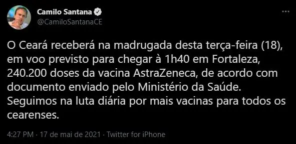 print de publicação do governador camilo santana