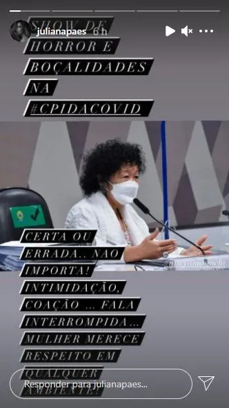 Juliana Paes se posicionou contra fala de senadores em meio ao depoimento de Nise Yamaguchi