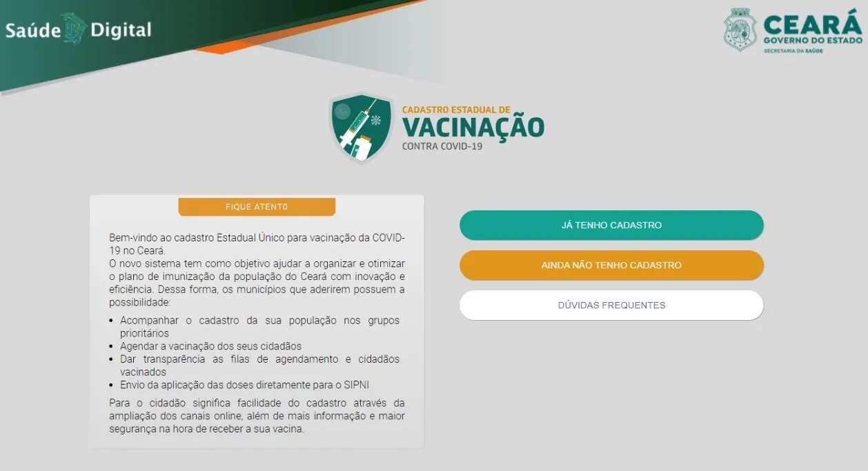 Plataforma Saúde Digital foi criada em março para a realização do Cadastro Estadual de Vacinação contra a Covid no Ceará