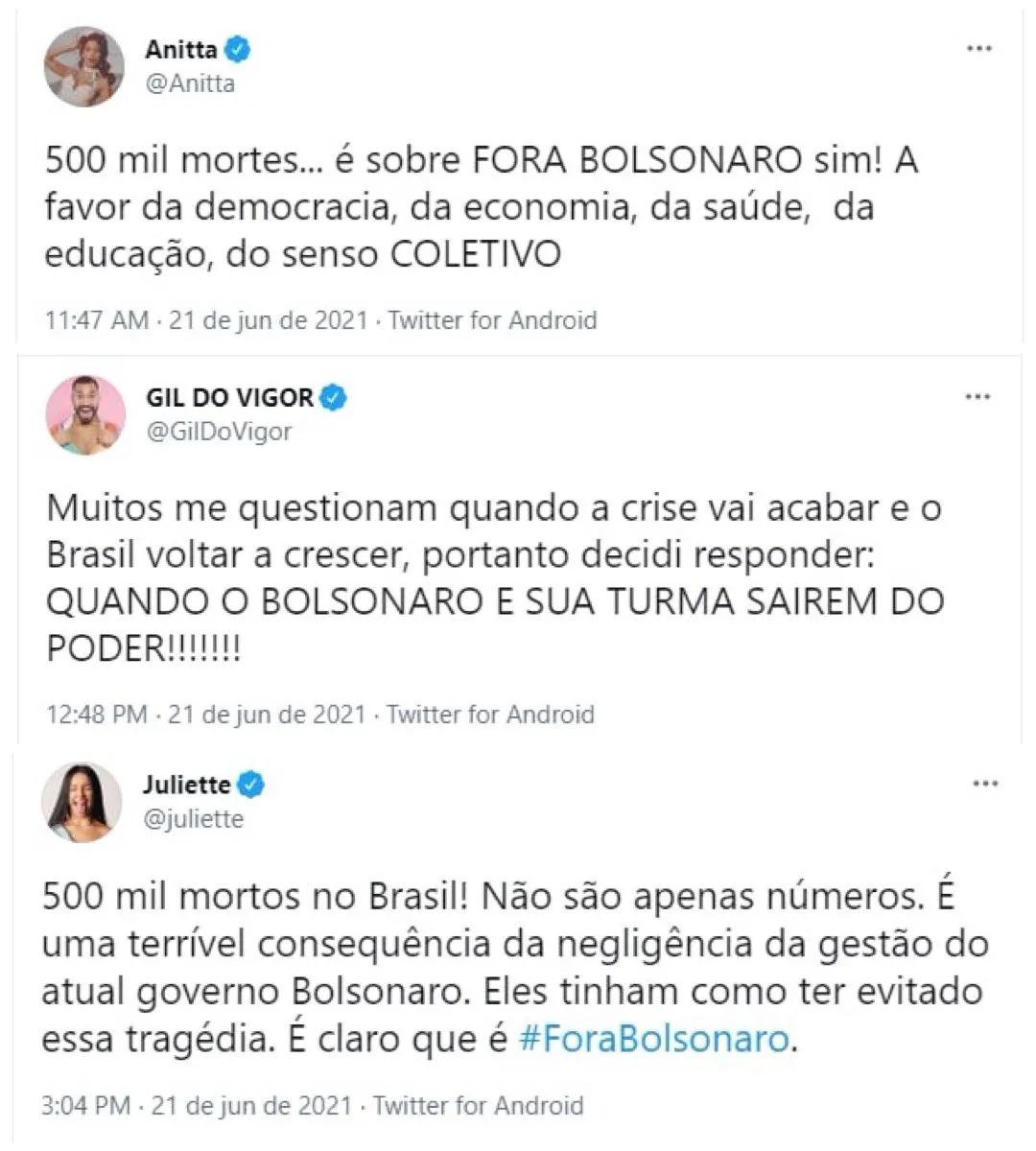 Brasil atingiu meio milhão de mortos no último sábado (19) e, desde então, as críticas ao Governo Bolsonaro, têm se intensificado