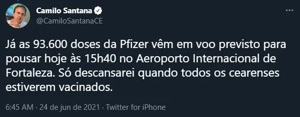 Camilo havia anunciado chegada de lotes na manhã desta quinta-feira (24)