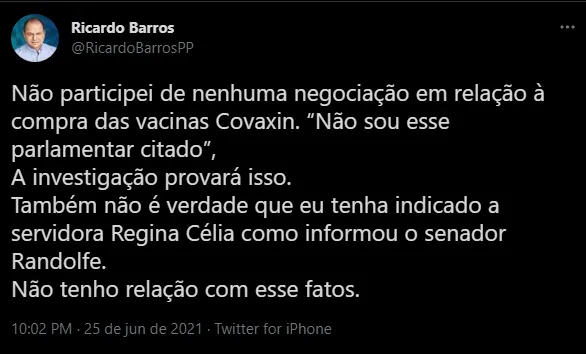 Nas redes sociais,  o deputado federal negou ser o parlamentar citado por Bolsonaro na polêmica