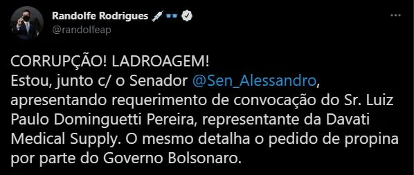 Senador publicou sobre requerimento no Twitter