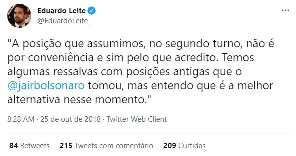 À época das eleições, Leite diminuiu ações de Bolsonaro ao justificar voto no então candidato