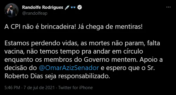 Randolfe Rodrigues concordou com prisão de Roberto Dias