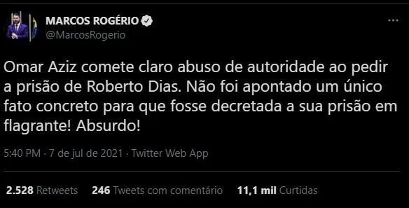 O senador Marcos Rogério criticou a decisão de Omar Aziz
