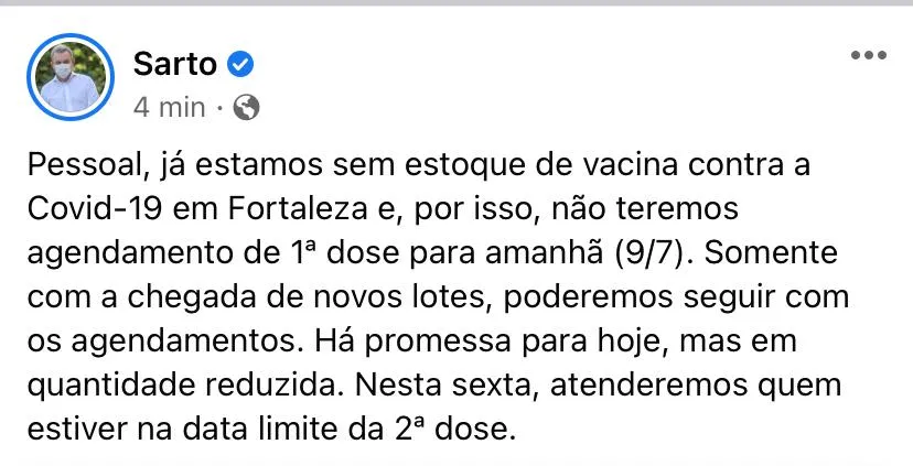Sarto fez anúncio na manhã desta quinta-feira (8)