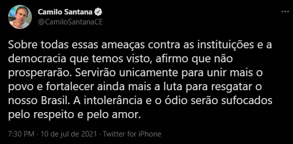 O governador publicou mensagem sobre os ataques nas redes sociais neste sábado (10)