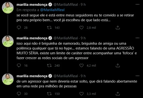 Marília Mendonça criticou o ganho de seguidores do DJ agressor