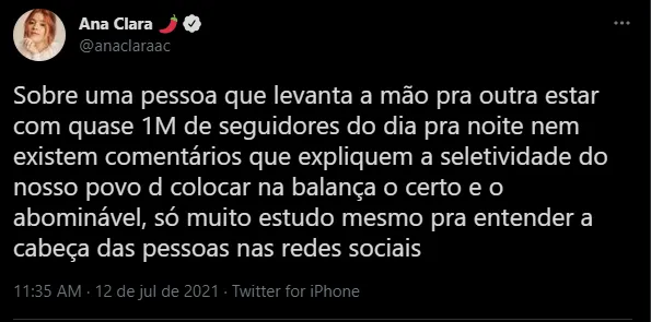 A apresentadora Ana Clara se posicionou no Twitter