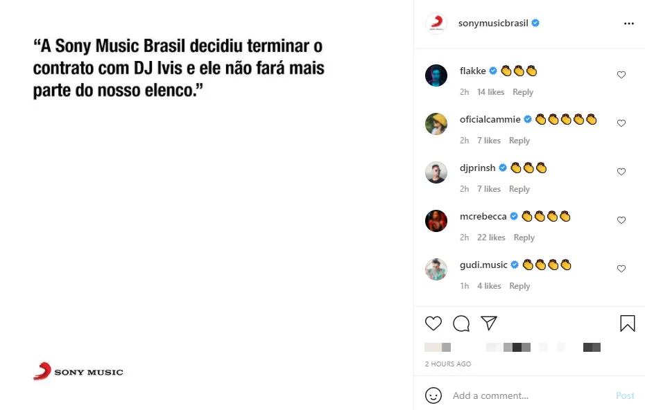 Nota da sony music sobre rompimento de contrato com dj ivis
