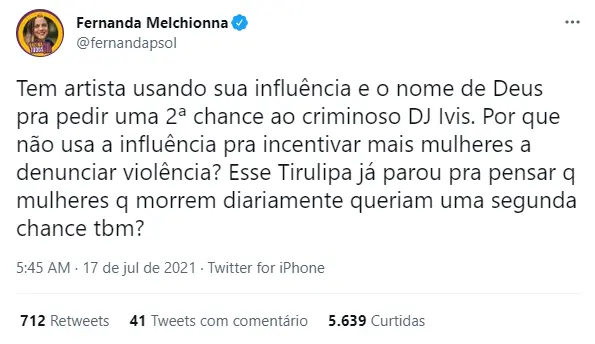 Tweet sobre fala do Tirullipa