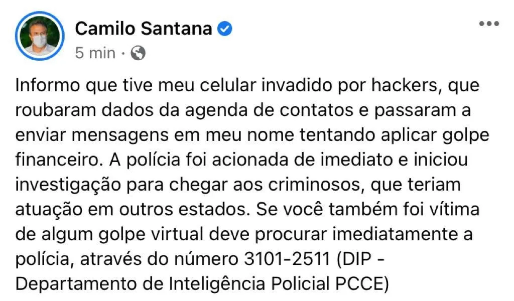 Governador teve a agenda de contatos invadida pelos criminosos