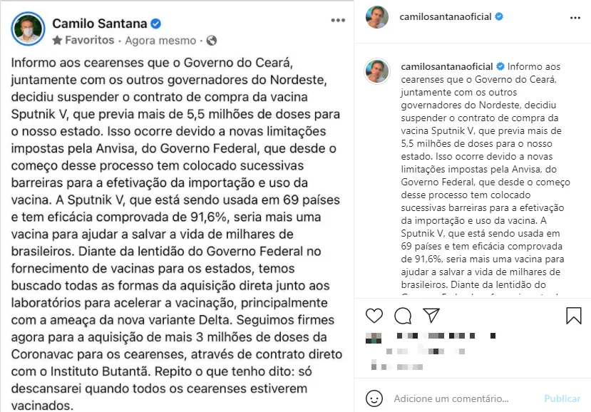 Camilo Santana também citou a disponibilidade para compra da vacina CoronaVac, do laboratório Sinovac em parceria com o Instituto Butantã