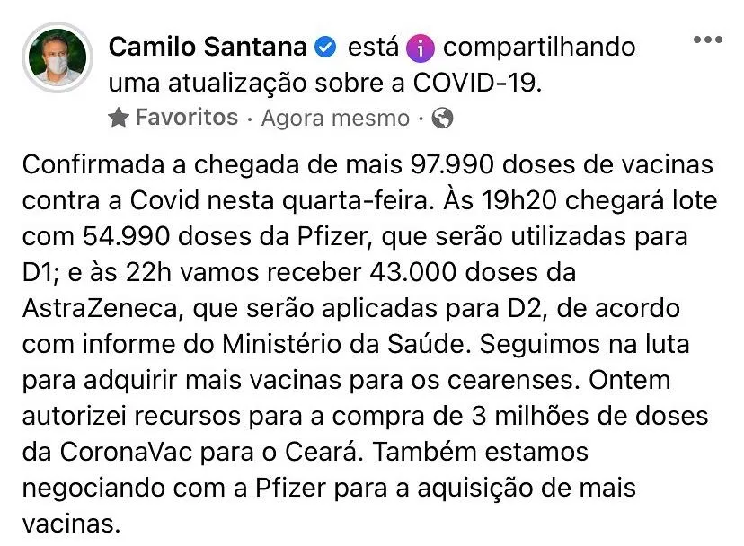 Vacina da Pfizer será usada para aplicação de D1, e da AstraZeneca para D2
