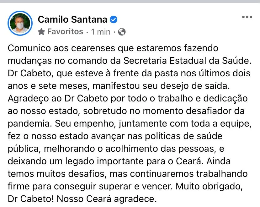 Camilo Santana anuncia saída de Cabeto nas redes sociais