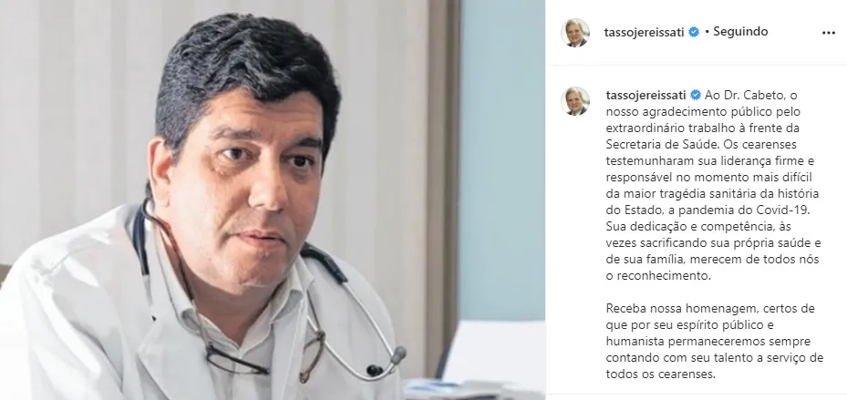 Tasso Jereissati prestou agradecimento a Dr. Cabeto