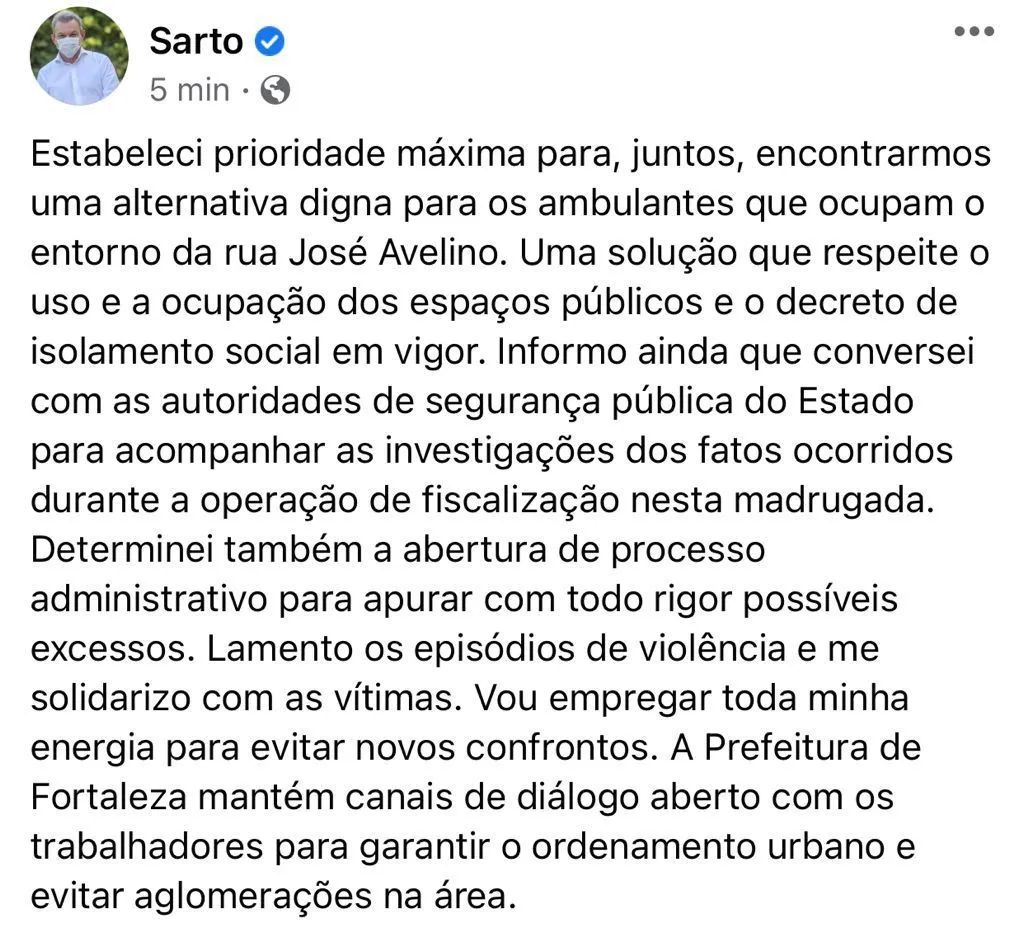 O prefeito também se solidarizou com as vítimas do confronto