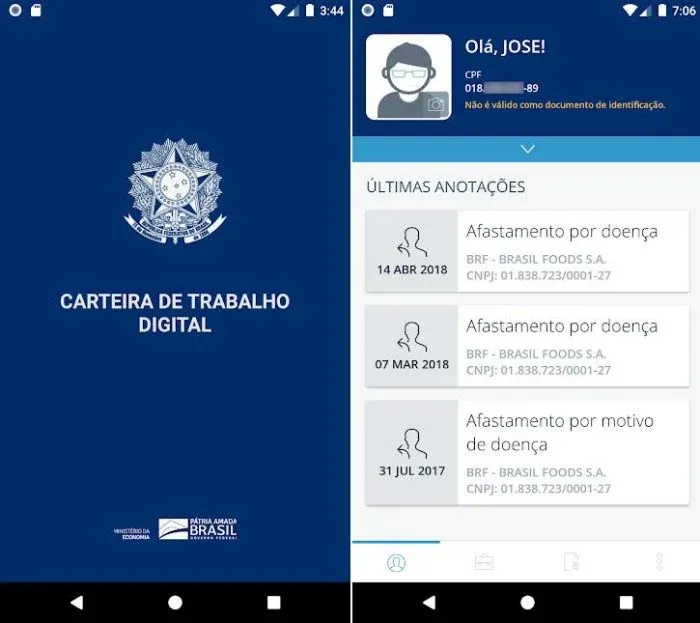 Nesta tela inicial, você poderá navegar pelas abas e visualizar dados básicos sobre seus vínculos empregatícios