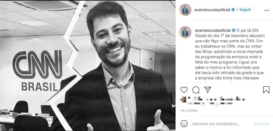 Evaristo publicou a informação no Instagram