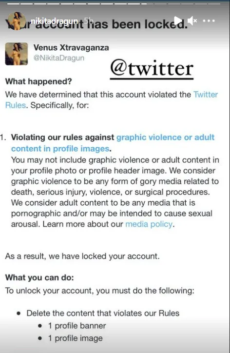 Influenciadora divulgou aviso do Twitter sobre bloqueio por violação de regras de uso