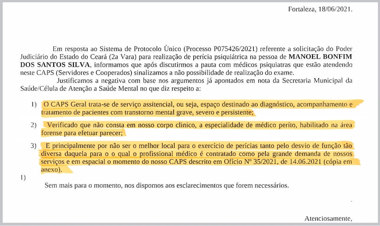 A SMS protocolou no processo as justificativas para ter negado realizar o exame