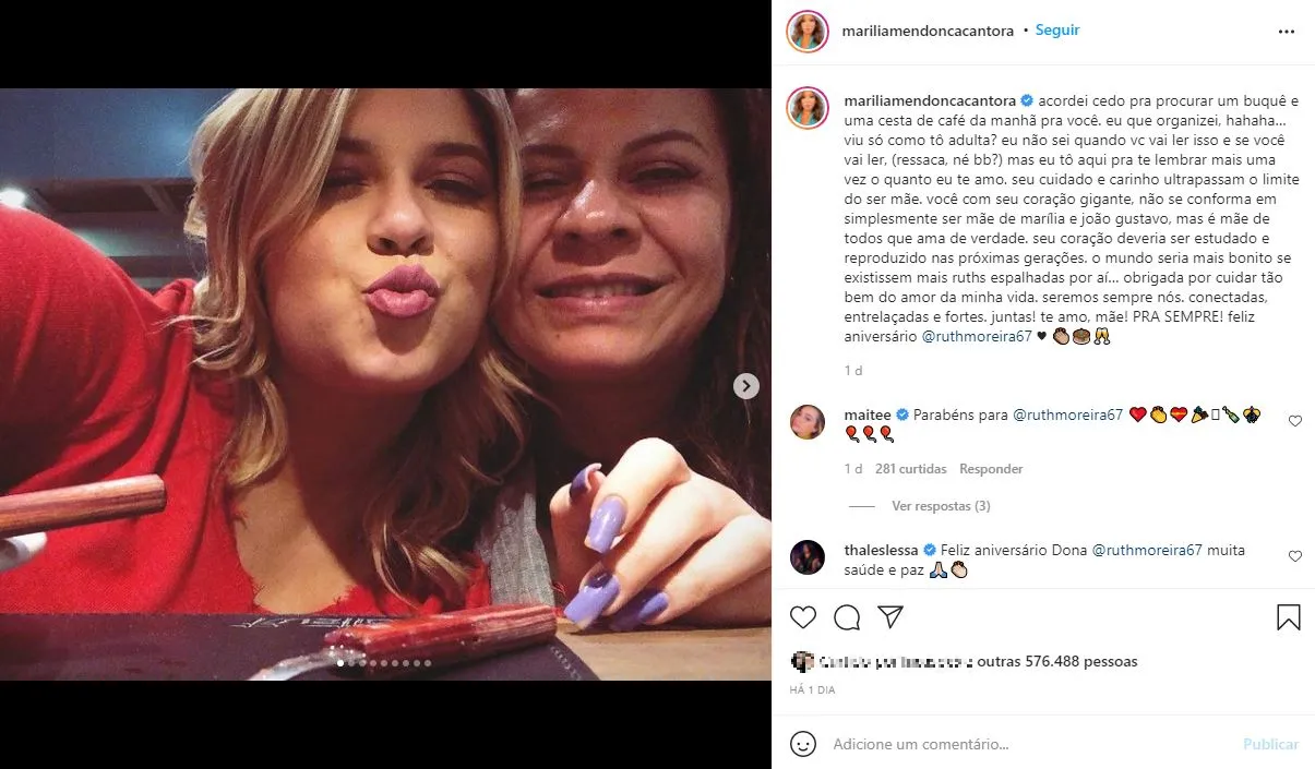 Um dia antes da morte, cantora publicou sequência de imagens e texto em homenagem à mãe