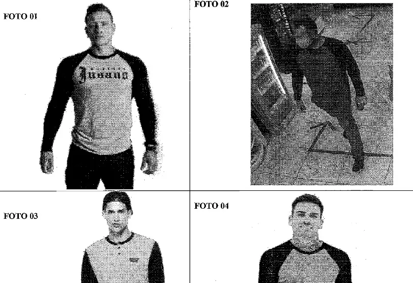 A foto de um policial militar, acusado de participar dos cinco homicídios, é comparada com imagens de três modelos, em um Inquérito Policial