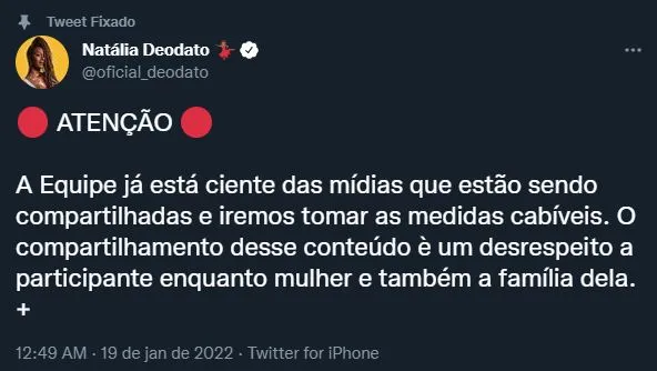 A equipe de Natália já se pronunciou sobre o caso
