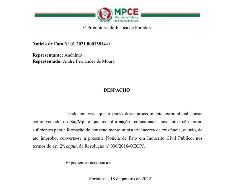 Documento do Ministério Público sobre o processo
