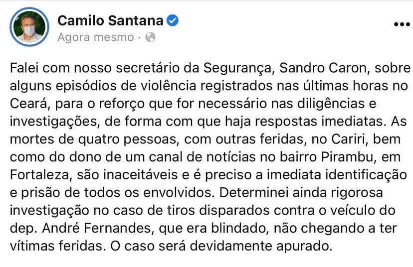 Governador fez uma postagem listando diversos casos de violência nas últimas 24 horas no Ceará