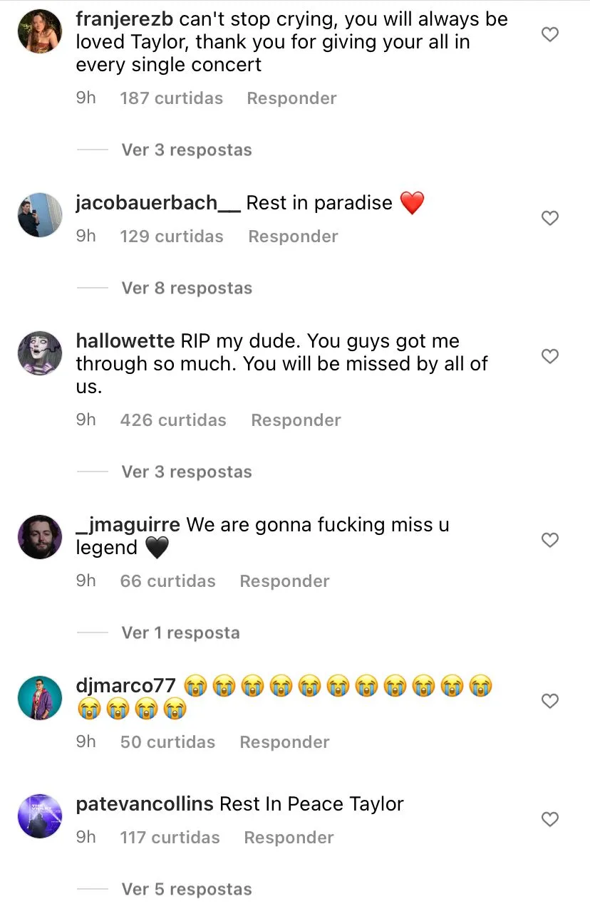 Último post de Taylor Tawkins tem centenas de comentários de fãs entristecidos