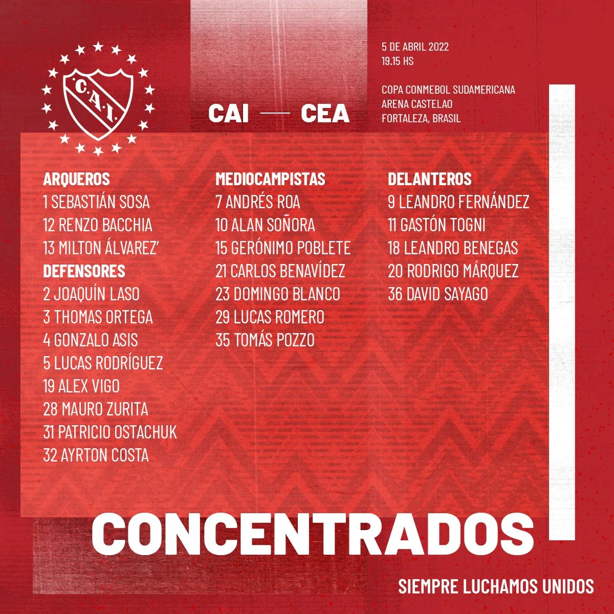 Relacionados do C.A Independiente para enfrentar o Ceará nesta terça-feira (5) pela Copa Sul-Americana